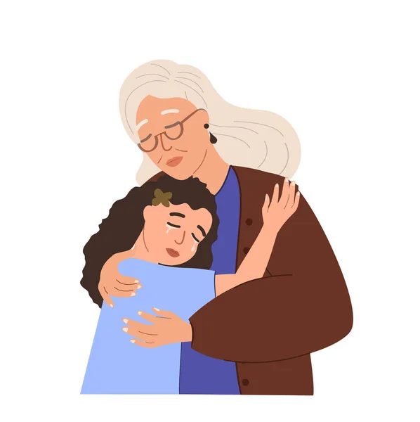 Babička Rodič Podporovat Své Vnouče Péče Dívku Děti Babička Utěšuje — Stockový vektor