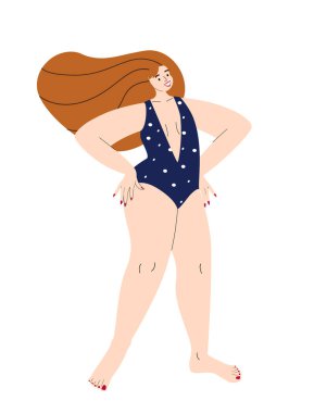Beyaz, kendine güvenen, şişman, kıvrımlı, mayo giyen seksi kadın. Çekici, iri yarı, mayolu, tombul bir kız. Modern, tıknaz bir kadın. Beyaz arka planda izole edilmiş düz vektör çizimi.