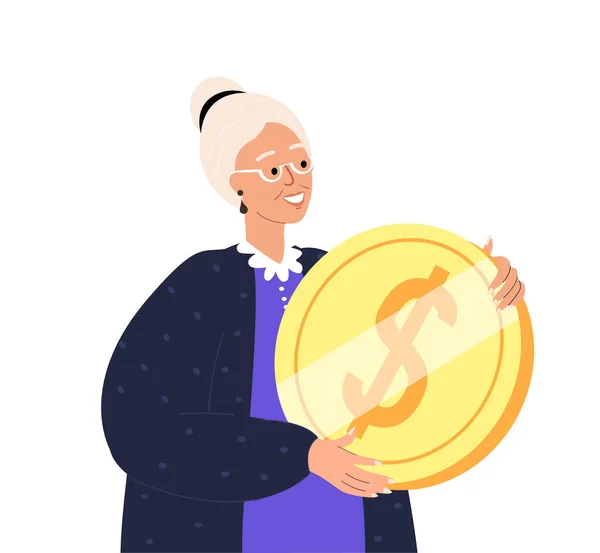 Glad Senior Pensionär Kvinna Kvinnlig Karaktär Håller Enorma Gyllene Dollar — Stock vektor