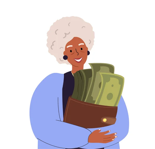 Oudere Afrikaanse Gepensioneerde Pensioneerde Vrouw Vrouwelijke Karakter Hold Stapel Geld — Stockvector