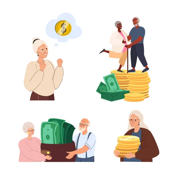 Pensionärspar Ensamma Kvinnliga Karaktärer Hålla Enorma Plånbok Med Pengar Gröna — Stock vektor