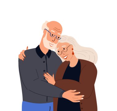 Gülümseyen Emekliler Yaşlı Çifti. Mutlu yaşlı adam kadınına sarılıyor. Mutlu ilişkiler. Yaşlı koca moda kıyafetleri giyiyor.