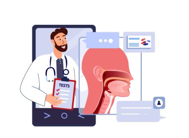 ENT-Doctor Online ENT-Teşhis Enflamasyonu. Mobil Uygulama Smartphone Nose, Gırtlak Danışmanlık. Tonsilis, Larynx, Sinusitis Dijital Tedavi. ORL Kliniği. İnternet Teşhisi. Fla Vector Illustration