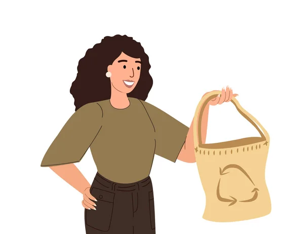 Vrouw Gebruik Maken Van Eco Fabric Doek Bag Gemaakt Van — Stockvector