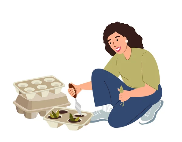 Wanita Muda Tukang Kebun Upcycling Kotak Telur Kontainer Cututilized Untuk - Stok Vektor