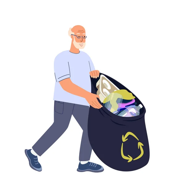 Retired Old Man Pull Garbage Sack Planet Elderly Character Cleaning — Stock Vector