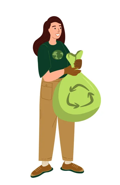 Female Character Holding Rubbish Bag Garbage Sack Recycling Symbol Sorting — Stock Vector