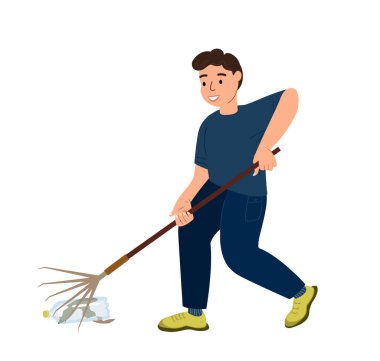Çocuk Çocuk tırmıkla çöp topluyor. Çocuk gönüllü temizleme ortamı, sokak, plastik çöplükten park. Çevre aktivistliği. Doğa temizleme kavramı. Beyaz arka planda izole edilmiş düz vektör çizimi.