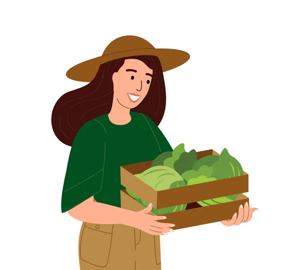 女农场主拿着一箱新鲜蔬菜 快乐的农场工人 木箱里有有机收获 用卷心菜微笑的女人 白色背景上孤立的扁平的病媒图解 — 图库矢量图片