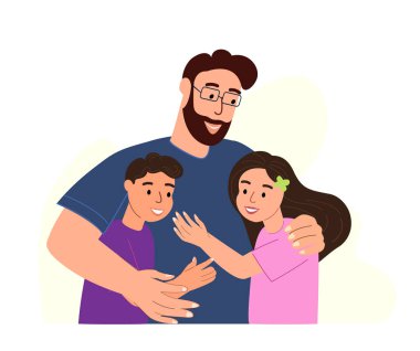 Baba ve çocuklar, oğul ve kız birlikte. Mutlu baba oğlanı ve kızı kucaklıyor. Aile sevgisi, sıcak ilişkiler, çocuklar babalarına güveniyor.