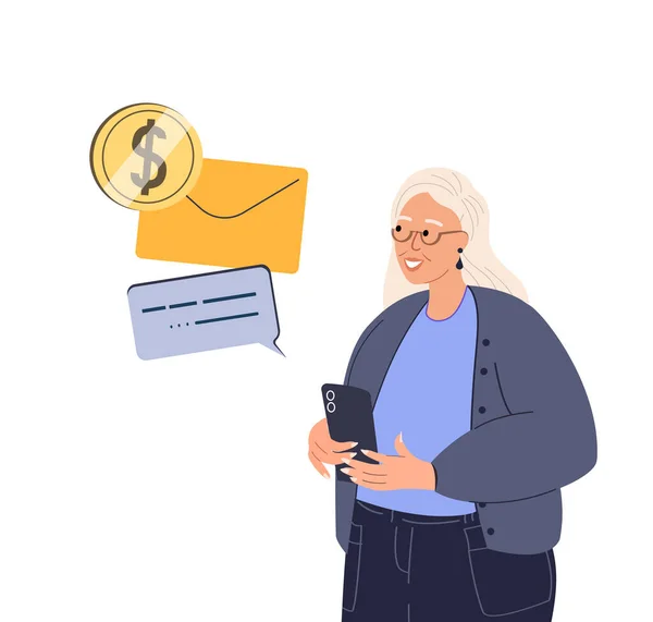 Vecchia Donna Anziana Ricevuto Lettera Finanza Bancaria Pensionamento Pension Mail — Vettoriale Stock