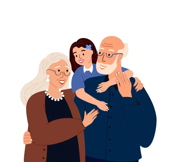 笑顔祖父母と孫は一緒に時間を過ごします 女の子のケア おばあちゃん抱擁祖父と幸せな子供の肖像画 暖かい抱擁 家族をサポート フラットベクトルイラスト孤立 白の背景 — ストックベクタ