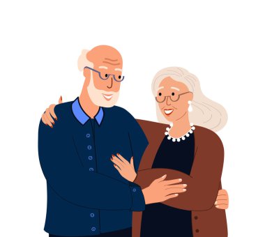 Gülümseyen Emekliler Yaşlı Çifti. Mutlu yaşlı adam kadınına sarılıyor. Mutlu ilişkiler. Yaşlı koca moda kıyafetleri giyiyor.