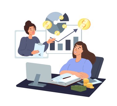 Çevrimiçi iş konuşmacısı. Finansal eğitim web sitesine giren kadın öğrenci, finans sunumunu dinliyor, ekonomik grafikleri ve internetteki grafikleri sunuyor. Dizüstü bilgisayarda sunucu. Düz vektör illüstrasyonu