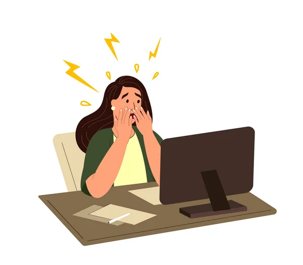 Vrouw Werkneemster Stress Shock Een Bezorgde Kantoormedewerker Aan Computer Persoon — Stockvector