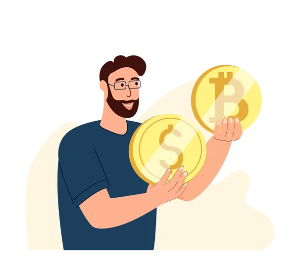 Businessman Holding Bitcoin Dollar Coin Investor Choosing Cryptocurrency Traditional Money — Stock Vector