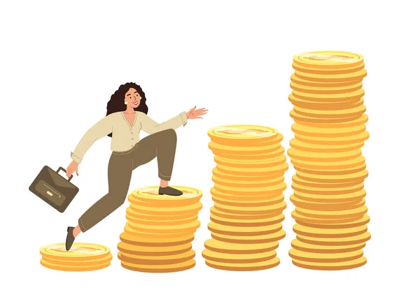 Woman Chasing Big Money Salary Income Growth Promotion Work Employee — Stock Vector