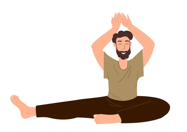 Young Male Character Stretching Realxing Engage Yoga Practice Isolated White - Stok Vektor