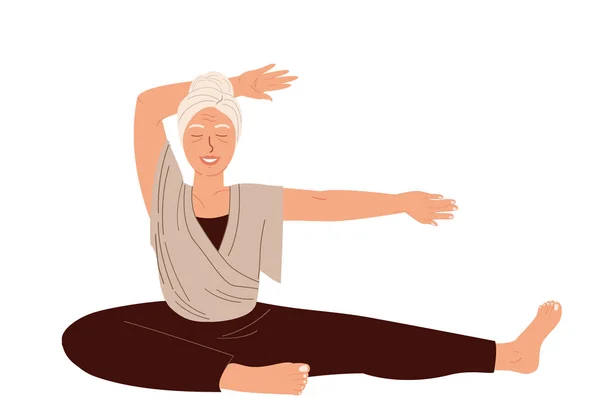 Personaggio Femminile Invecchiato Realxing Engage Yoga Pratica Isolato Sfondo Bianco — Vettoriale Stock