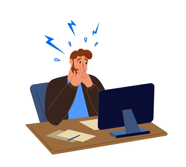 Man Werknemer Stress Shock Upset Bezorgd Man Kantoormedewerker Aan Computer — Stockvector