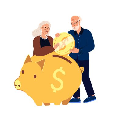 Emeklilik Fonu Tasarrufları, Mutlu Çift Yaşlıları, Kadın Karakterleri Üst Düzeyde Olmak İçin Piggy Bank 'a Para Koyuyor. Büyük anne ve babalar Emeklilik, Para Fonu Güvenliği. Çizgi Film İnsan Vektörü Resimleri