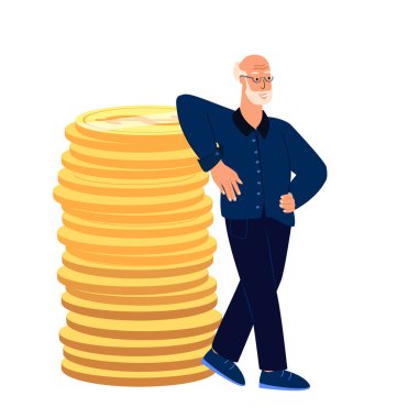 Kendinden emin emeklilik. Mutlu Emekli Adam. Büyük altın yığınına güveniyor. Finansal Para Varlığı Konsepti, Emeklilik Kesintileri, Tasarruflar, Varlıklı İstikrarlı Emeklilik.