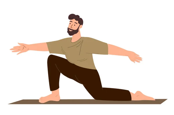 Giovane Personaggio Maschile Stretching Piedi Sul Ginocchio Realxing Engage Yoga — Vettoriale Stock