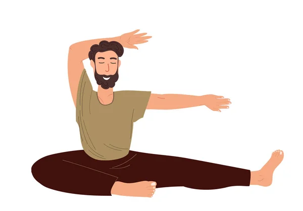 Young Male Character Stretching Realxing Engage Yoga Practice Isolated White - Stok Vektor
