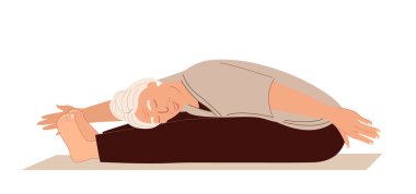 Yaşlanmış kadın karakter spor yapıyor, ayaklarına kadar geriniyor, beyaz arka planda Yoga yapıyor. Esnek vücutlu ve elastik kaslı emekli kadın. Eğitim sınıfları.