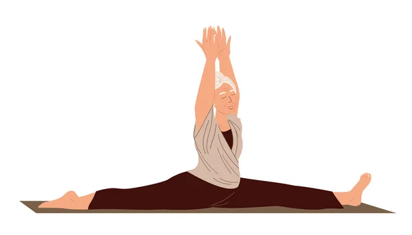 Пожилая Женщина Гибким Телом Эластичными Мышцами Leg Split Calmimg Meditating — стоковый вектор