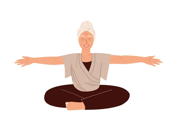 Personaggio Femminile Anziano Fare Sport Stretching Mani Realxing Yoga Pratica — Vettoriale Stock