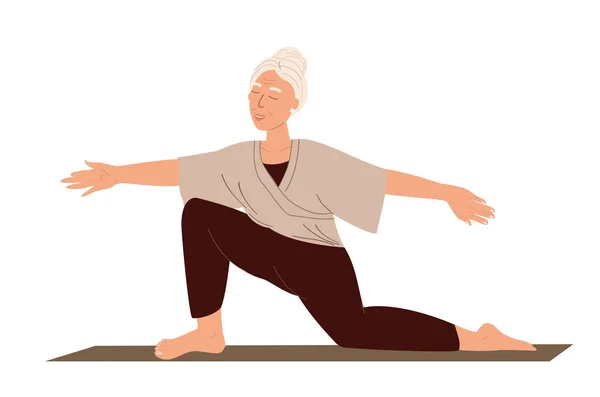高齢者の退職女性ストレッチ バランス 膝の上に立って 白い背景に隔離されたヨガの練習に従事するリラックス 老婦人Calmimg 瞑想はスポーツを行います トレーニングクラス — ストックベクタ