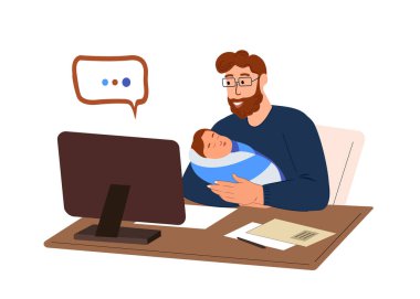 Doğum iznindeki genç iş adamı dizüstü bilgisayarında yeni doğmuş bebekle birlikte çalışıyor. Baba Freelancer Uzaktan Evde Çalışıyor. Çocuk Bakımı Kararnamesi. Düz Vektör İllüstrasyonu