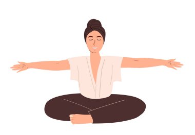 Beyazların Arkasında Yoga Çalışması Yapan Genç Kadın Karakteri. Kadın Meditasyon, Açık Kol Oturması. Pilates Antrenmanı, Antrenman Sınıfları. Çizgi film İnsan Vektör İlülasyonu