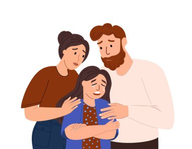 Aile desteği, bakım konsepti. Anne, baba ağlayan üzgün kızı teselli ediyor. Destekleyici ebeveynler, zor zamanlarda birbirine yardım eden ergen çocuklar. Düz vektör çizimi beyaz arkaplanda izole edildi