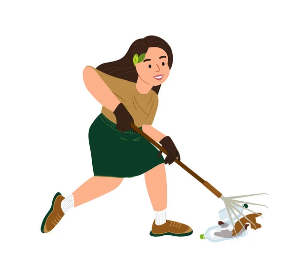 Kid Girl Harking Litter Raker Child Volunteer Cleaning Environment Street — Stockvector