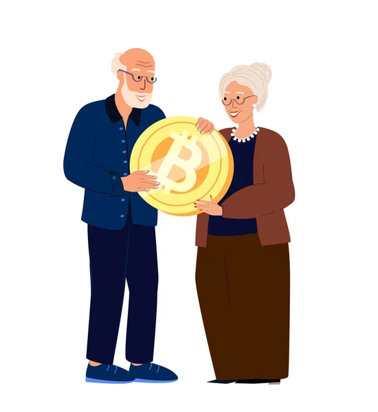 古い退職したカップルの女性と男性のキャラクターは巨大なBitcoinを保持しており Bitcoinは成功と財務成果を象徴しています 彼の金融取引を支配する分散型デジタル通貨 — ストックベクタ