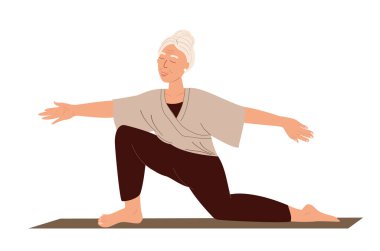 Emekli Kadın Esneme, Dengeleme, Diz çökme, Bağlantı Yogası Uygulaması Beyaz arka planda Tecrit Edilmiş Yaşlı Kadın Sakinleşme, Meditasyon, Spor Yapma, Eğitim Dersleri. İnsan Vektör İlülasyonu