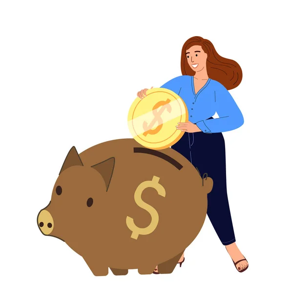 投資ファンド貯蓄 幸せな自信の若い女性キャラクターは ピギーバンクに黄金のコインを入れて超保険を得るために喜びます — ストックベクタ
