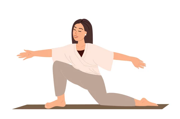 年轻的女性角色伸展 站在膝盖上 在白色的背景上练瑜珈 女性模仿 训练课 人传病媒介说明 — 图库矢量图片