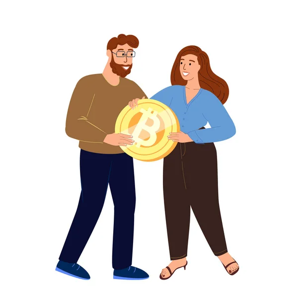 大規模なBitcoinを保持する若い幸せなカップルの女性と男性キャラクター Bitcoinは成功と財務成果を象徴しています — ストックベクタ