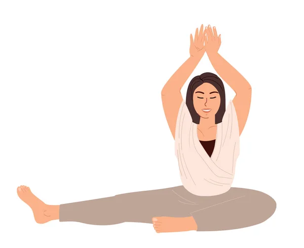 年轻女性角色的伸展 带着养育的手的实相 放松的女性从事瑜伽练习孤立的 白色的背景 女性冥想 普拉提 训练课 平面矢量图解 — 图库矢量图片
