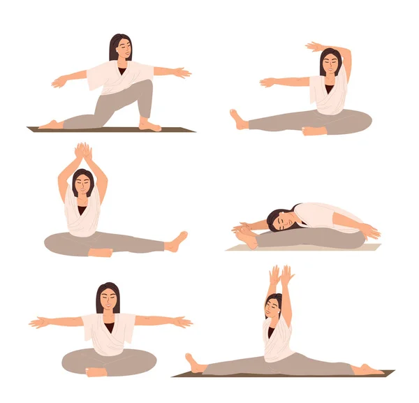 Set Youga Poses Women Stretching Flexible Body Realxing Engage Yoga — Stock Vector