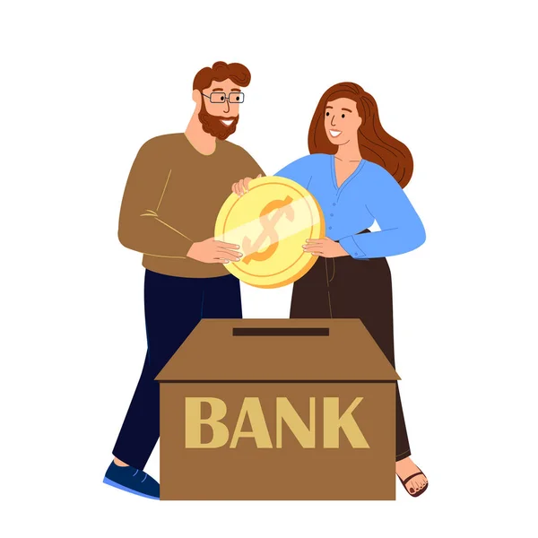 投資ファンド貯蓄 幸せな自信若いカップルの女性と男性の文字は銀行に黄金のコインを置きます 人平ベクトルイラスト — ストックベクタ