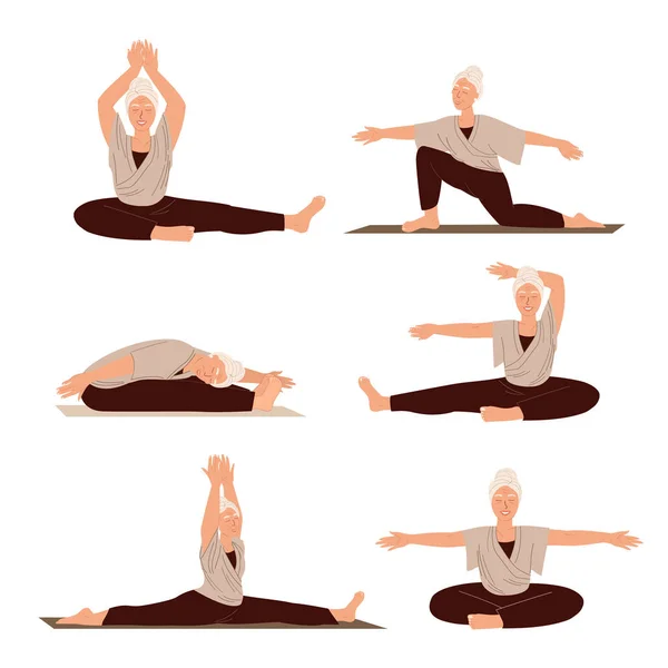 Set Latihan Untuk Karakter Perempuan Aged Sport Stretching Realxing Yoga - Stok Vektor