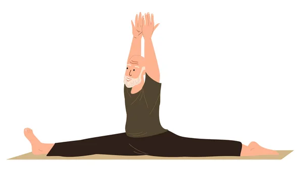 老年男性角色伸展 做腿分开 实际参与瑜伽练习孤独症 老年男性 身体柔韧 枪法灵活 腿分开 Calmimg Meditatin 平面矢量图解 — 图库矢量图片
