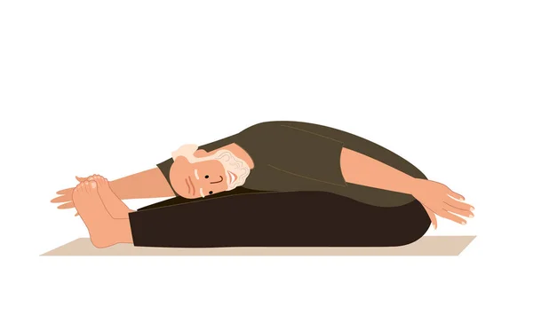 Carattere Maschile Anziano Fare Sport Stretching Piedi Realxing Yoga Practice — Vettoriale Stock