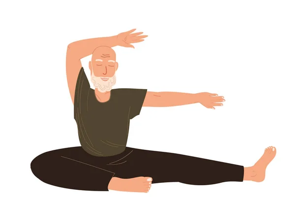 老年男性性格伸展 与教养的手交往 退休男性从事瑜伽练习 孤独寂寞 白种人背景 老年男性冥想 普拉提 训练课 平面矢量图解 — 图库矢量图片