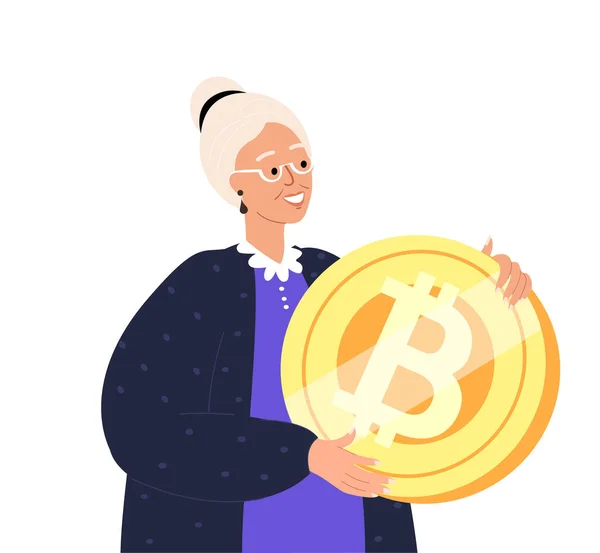 巨大なビットコインサインを保持する古い退職女性キャラクター 成功と金融業績を象徴するビットコイン 分散型デジタル暗号通貨 金融取引を制御する女性 — ストックベクタ