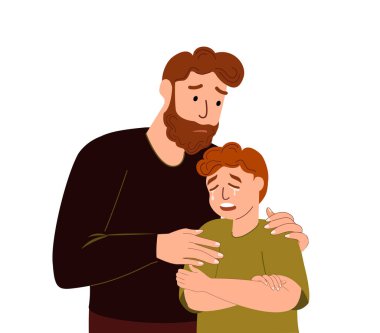 Baba ağlayan oğlunu destekliyor, özen gösteriyor. baba depresif, üzgün çocuğu teselli ediyor. empatik ebeveyn genç çocuğuna zor durumda yardım ediyor. Düz vektör çizimi beyaz arka planda izole edilmiş.